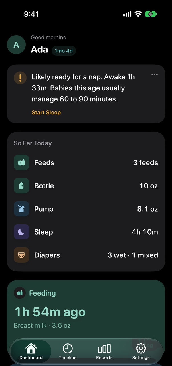 Little Loops in dark mode at night, with large log buttons across the lower half of the screen.