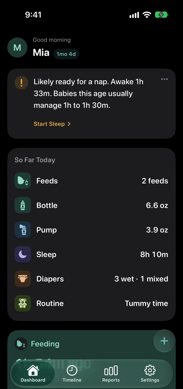 Little Loops in dark mode at night, with large log buttons across the lower half of the screen.