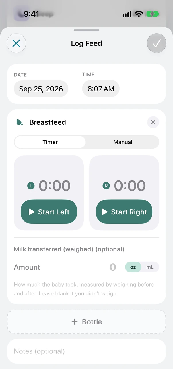 The Little Loops feed sheet, with a separate timer for each side, an optional weighed amount, and a button that adds a bottle to the same feed.