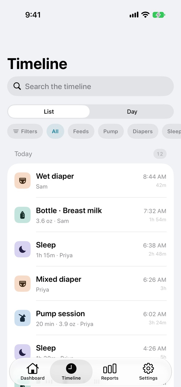 The Little Loops timeline, with each feed and diaper labelled with the name of the caregiver who logged it.
