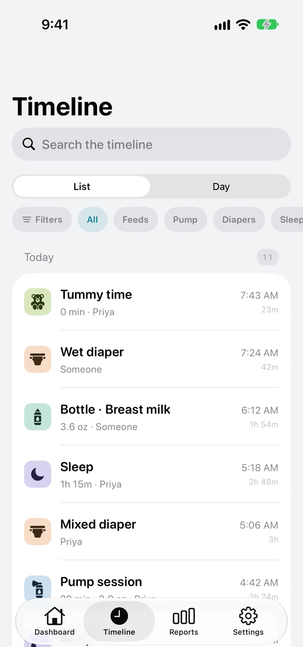 The Little Loops timeline, with each feed and diaper labelled with the name of the caregiver who logged it.
